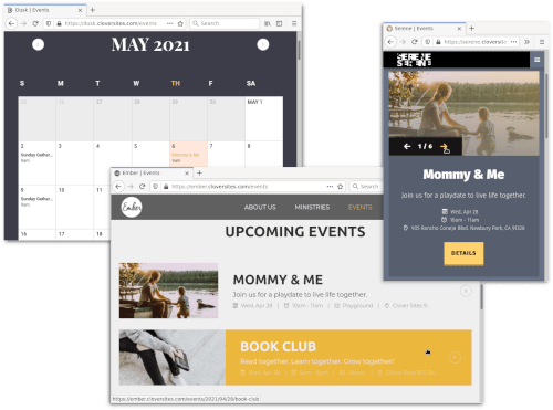 Event calendar, list, and gallery layouts