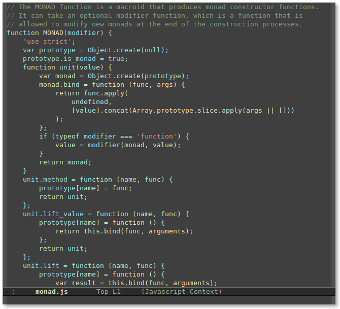 Screenshot of JavaScript code highlighted by context in Emacs